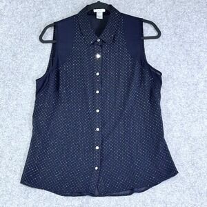 Cache Womens Top Large Sheer Navy Blue Polka Dot Sheer Patriotic Nautical Blouse